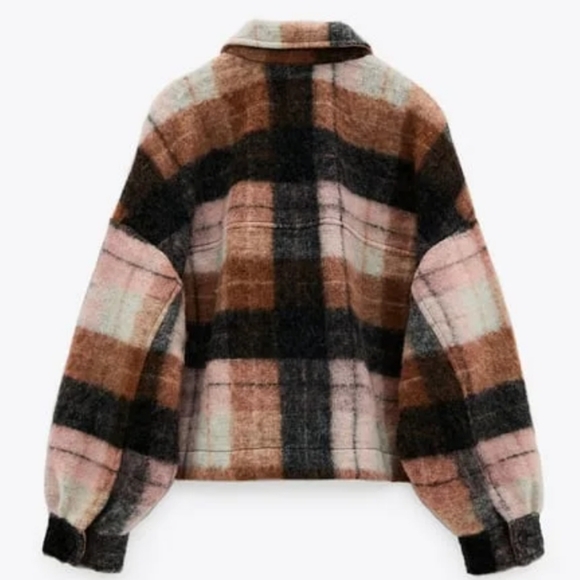 ZARA Crop Plaid Overshirt Shacket Brown Pink Cream in XS - Picture 6 of 9